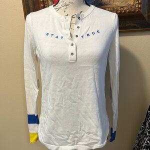 Lisa Todd Long Sleeve Partial Buttons “Stay “True” striped back cotton sweater